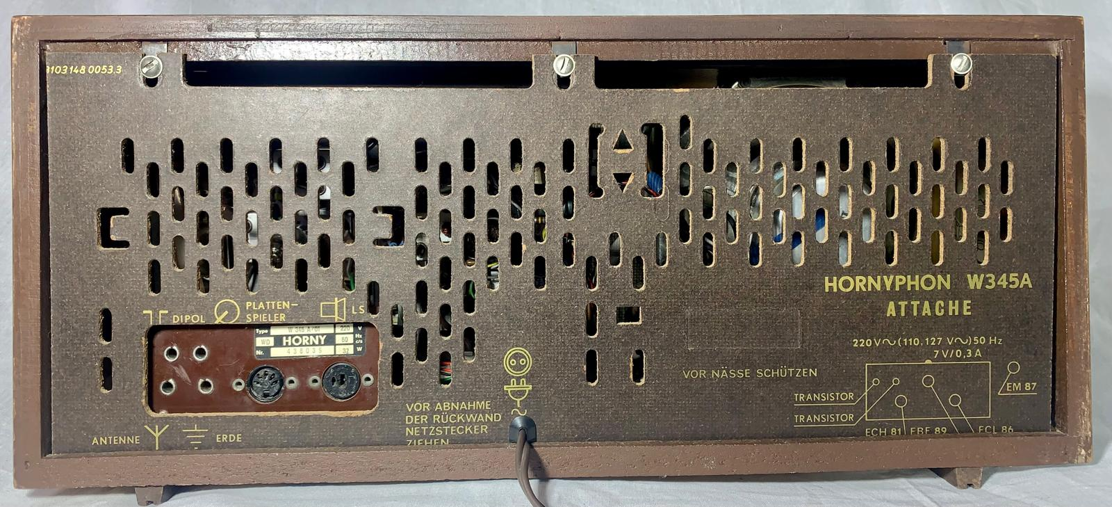 Hornyphon Attaché W345A, a compact Austrian table radio from the mid-1960s: rear view