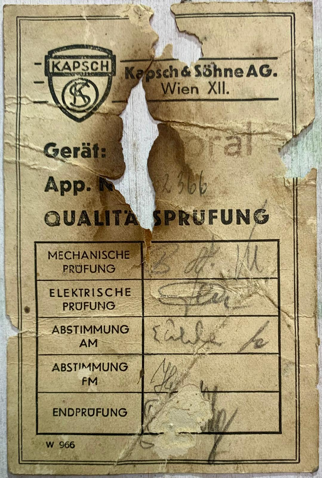Kapsch Choral – Austrian Three-Speaker Tube Radio from 1956/1957: quality check cerificate