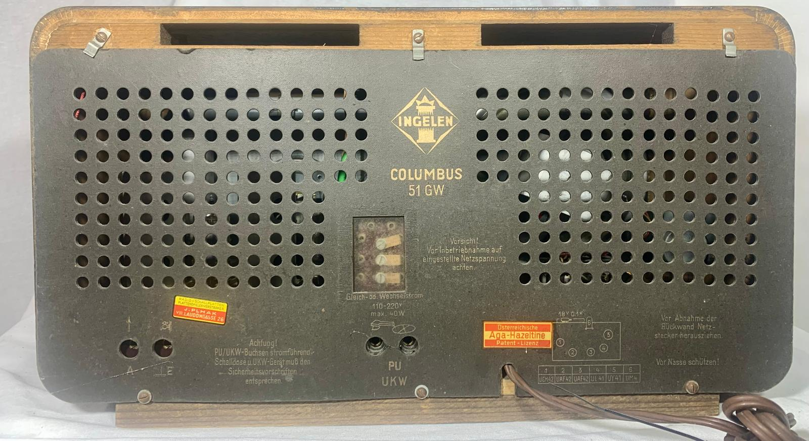 Ingelen Columbus 51 GW is an Austrian table radio from the early 1950s: rear view