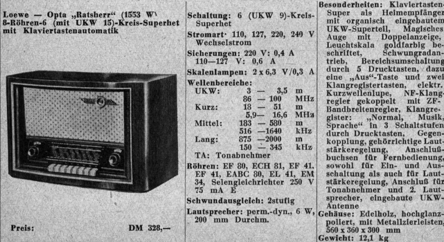 Loewe-Opta Ratsherr in "Rundfunk-Katalog 1952/1953"; Herm. Lange Solingen
