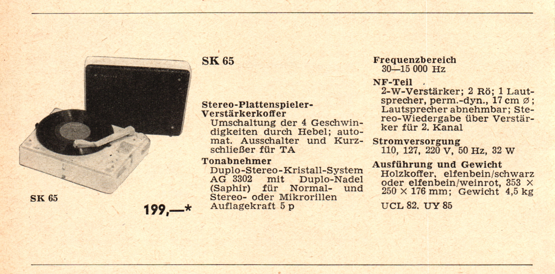 K65 Portable Record Player in "Handbuch des Rundfunkgrosshandels 1961/62; Verband deutscher Rundfunk- und Fernseh-Fachgrosshändler (VDRG) E.V.