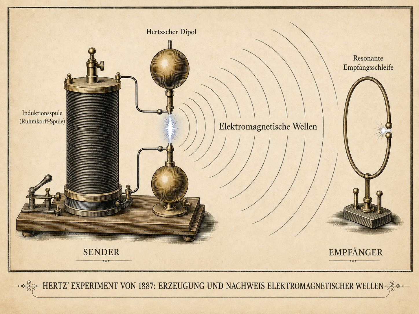 Deutsche historische KI-Illustration von Hertz’ Funkenstreckensender und resonantem Empfänger.