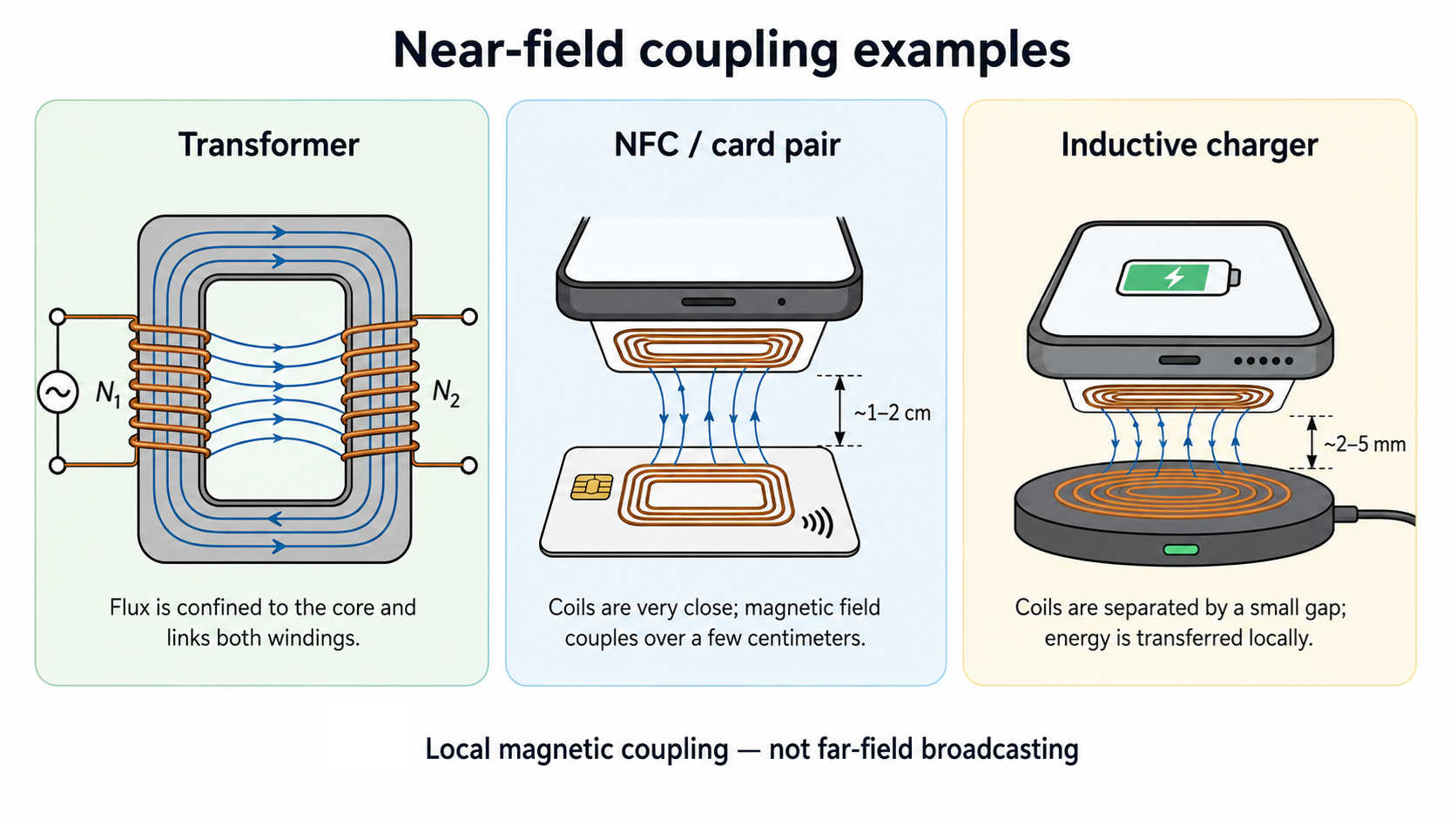Transformers, NFC and inductive charging use local magnetic coupling. They are electromagnetic systems, but not primarily far-field radio systems.