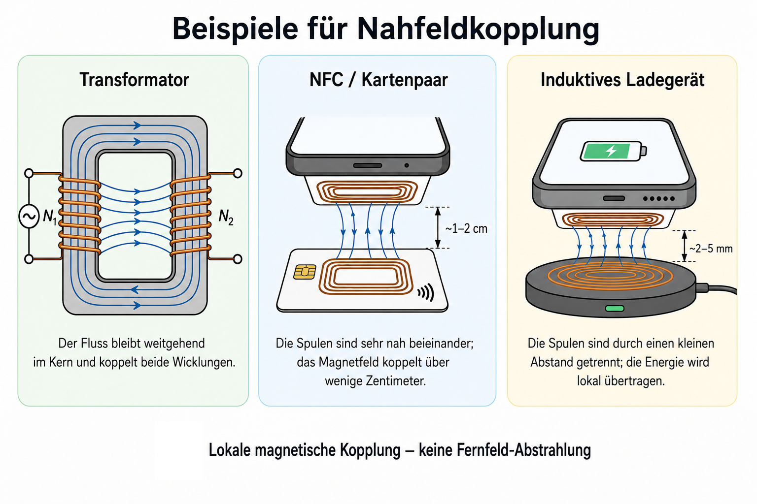 Transformatoren, NFC und induktives Laden nutzen lokale magnetische Kopplung. Es sind elektromagnetische Systeme, aber keine primären Fernfeld-Funksysteme.